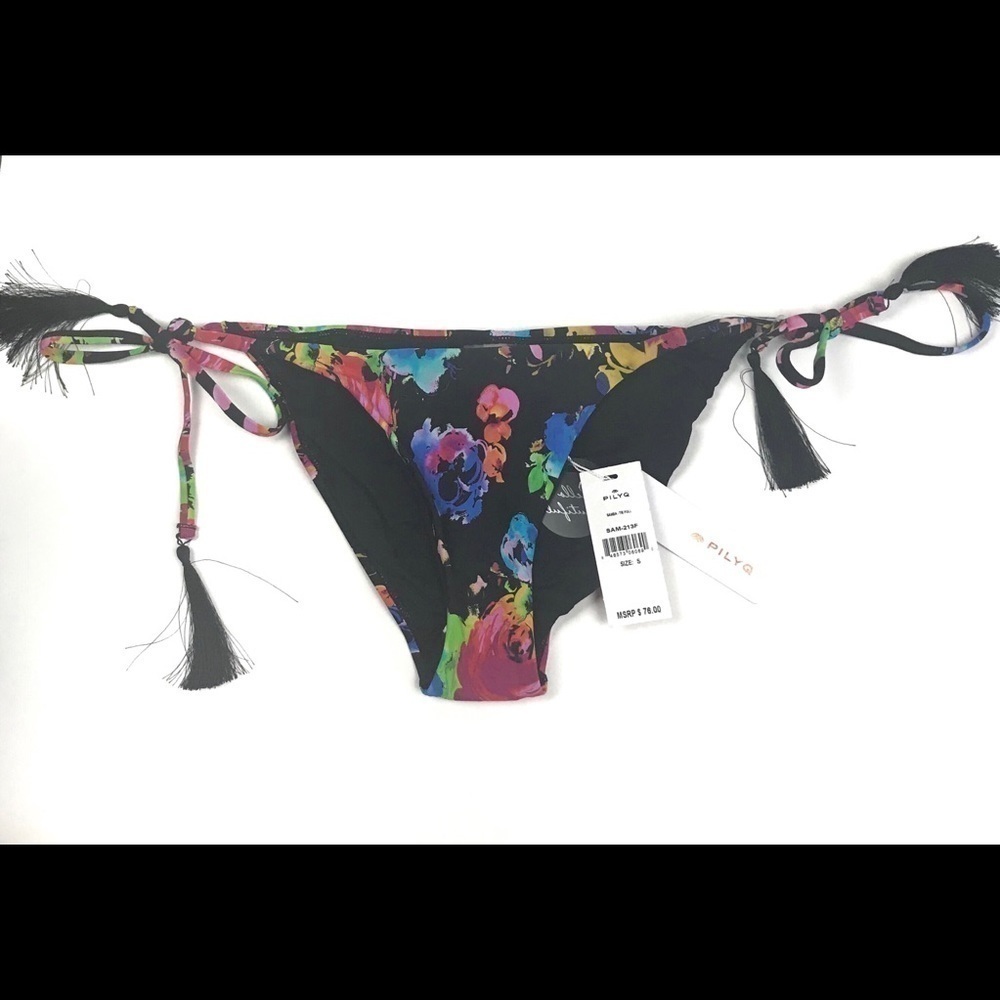 PilyQ Floral Tassel Black Swim Bikini Small